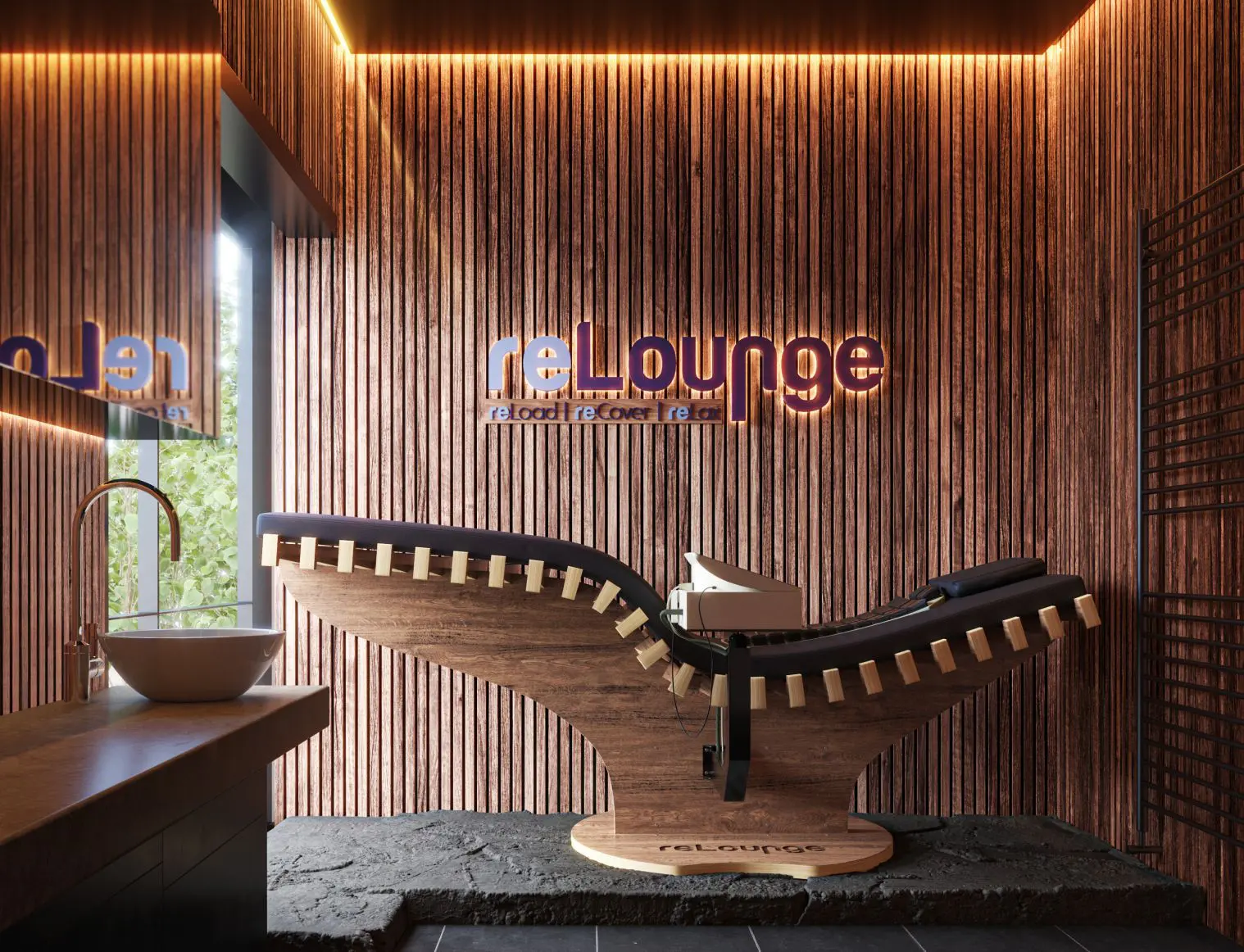 animation of a photorealistic image of a lounge made of woods made by rougue studios