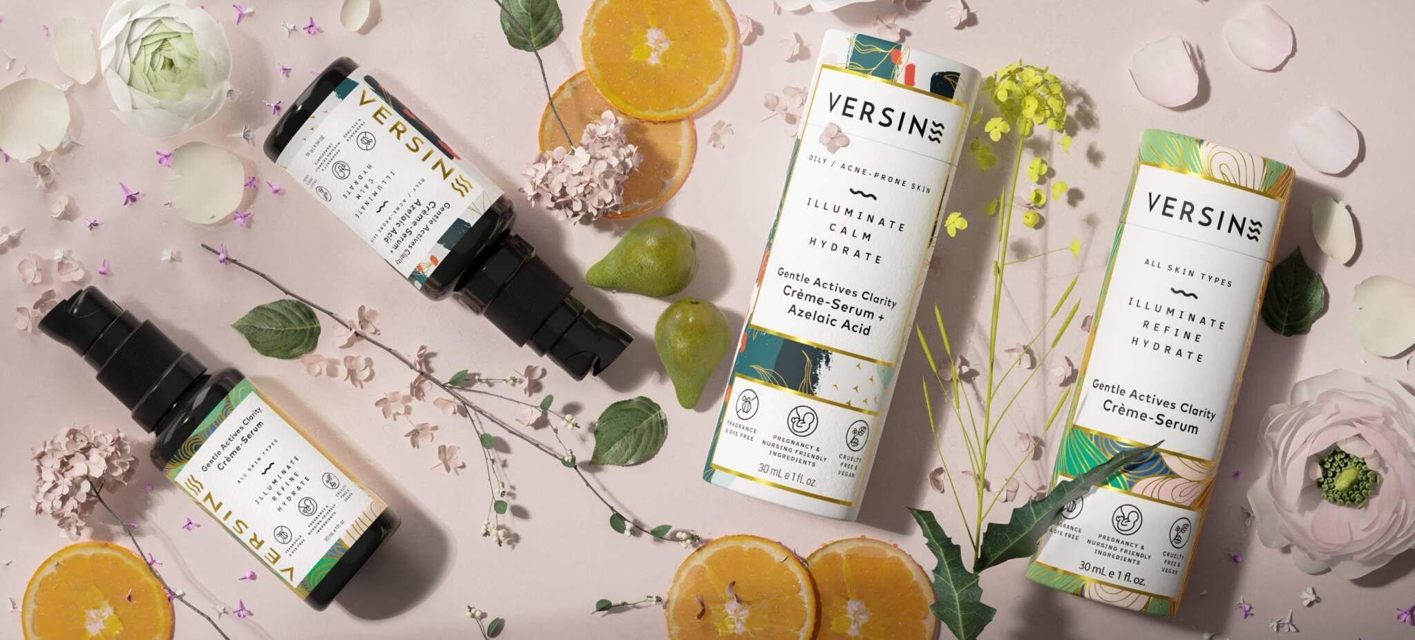 3d render of versine face serum in a fruit themed background