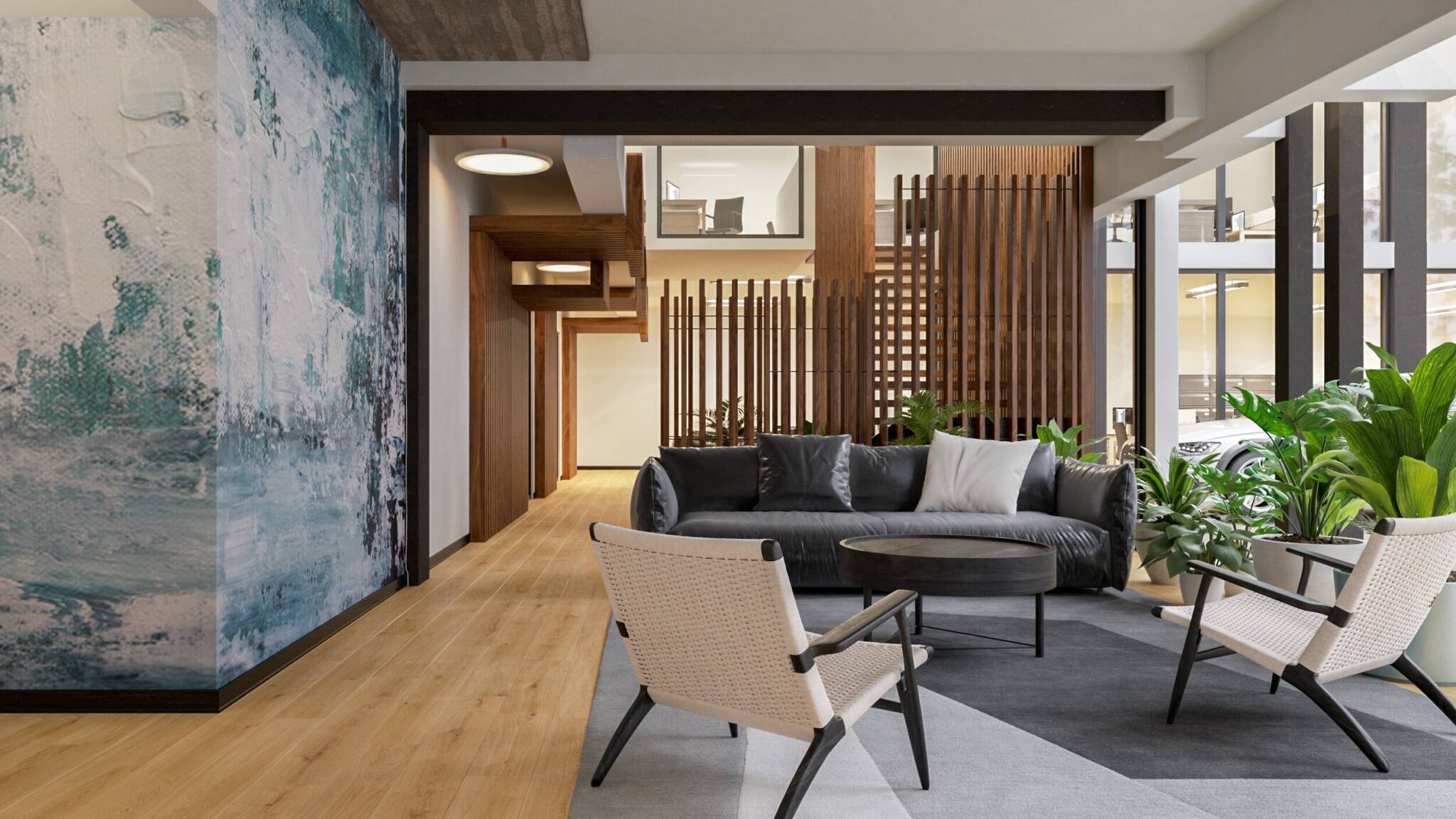 3d photorealistic image of a modern living room