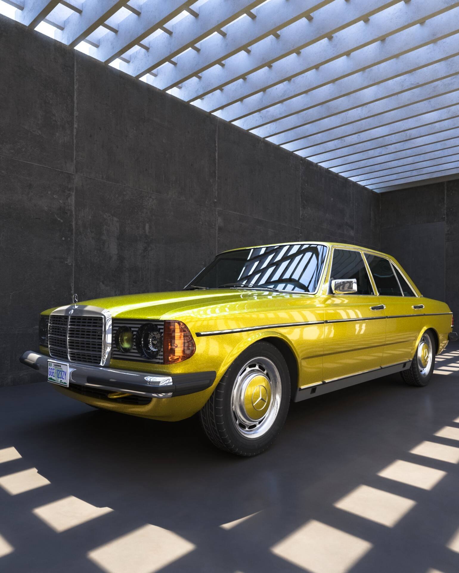 3d rendered image of a mustard yellow vintage car